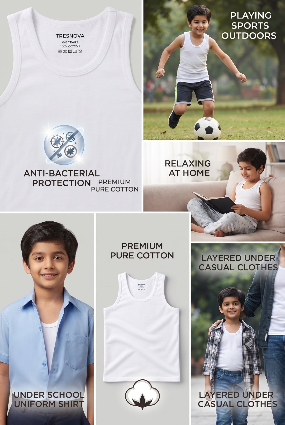 Premium White Boys Vests – Pack of 6 (Pure Hi-quality Cotton)