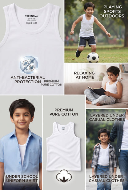 Premium White Boys Vests – Pack of 6 (Pure Hi-quality Cotton)