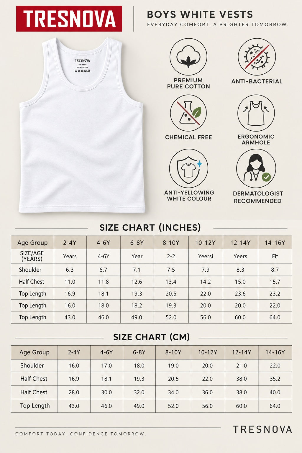 Premium White Boys Vests – Pack of 6 (Pure Hi-quality Cotton)