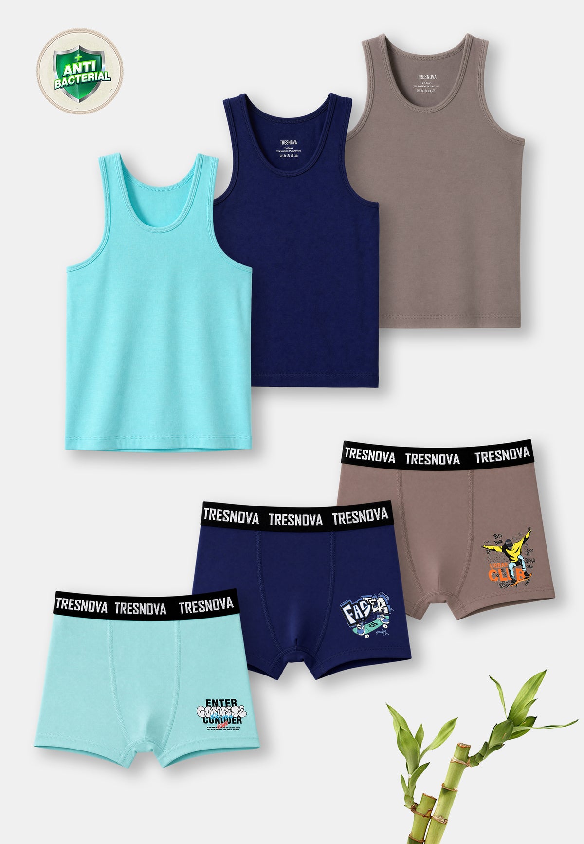 Boys Boxer Briefs & Vest Combo – Pack of 6, Brown/Aqua/Navy (Bamboo)