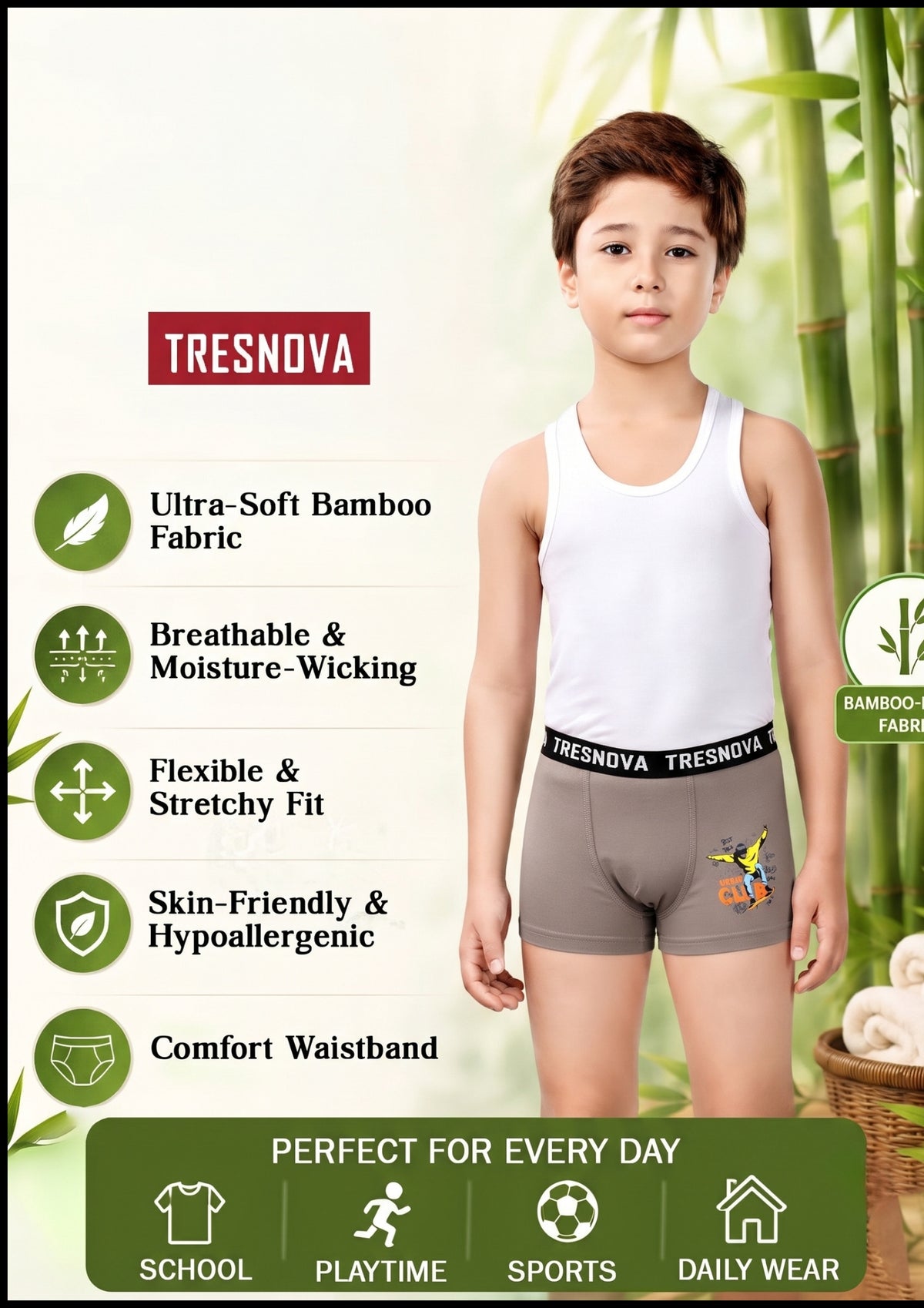 Boys Boxer Briefs & Vest Combo – Pack of 6, Brown/Aqua/Navy (Bamboo)