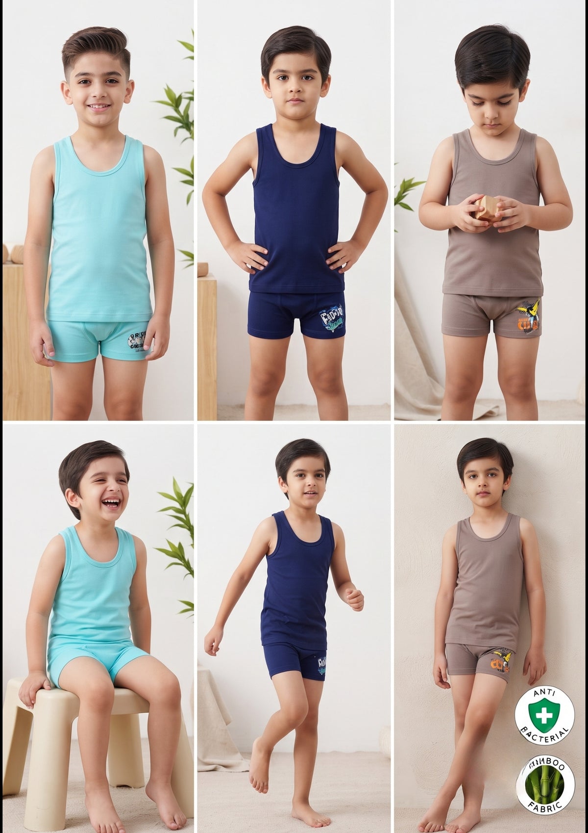 Boys Boxer Briefs & Vest Combo – Pack of 6, Brown/Aqua/Navy (Bamboo)