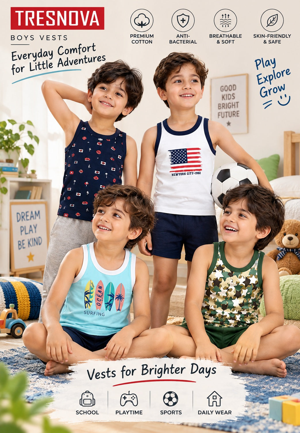 Nautical Print Boys Vests – Pack of 4 (Pure Cotton)