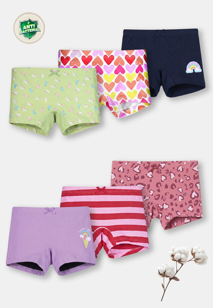 Heart Print Girls Boxer Briefs – Pack of 6 (Cotton Lycra)