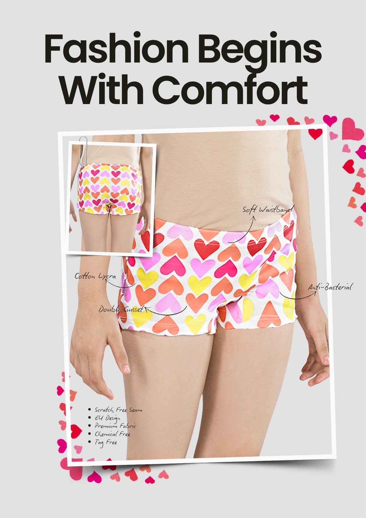 Heart Print Girls Boxer Briefs – Pack of 6 (Cotton Lycra)