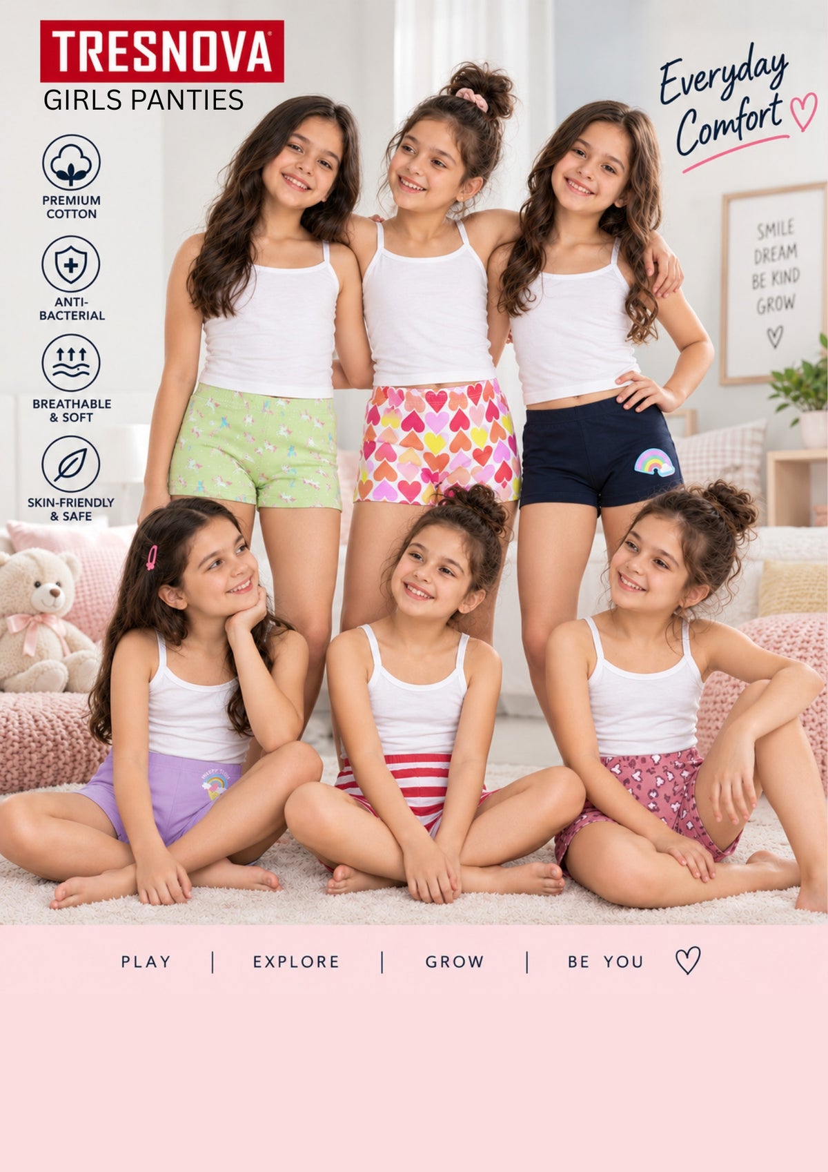 Heart Print Girls Boxer Briefs – Pack of 6 (Cotton Lycra)