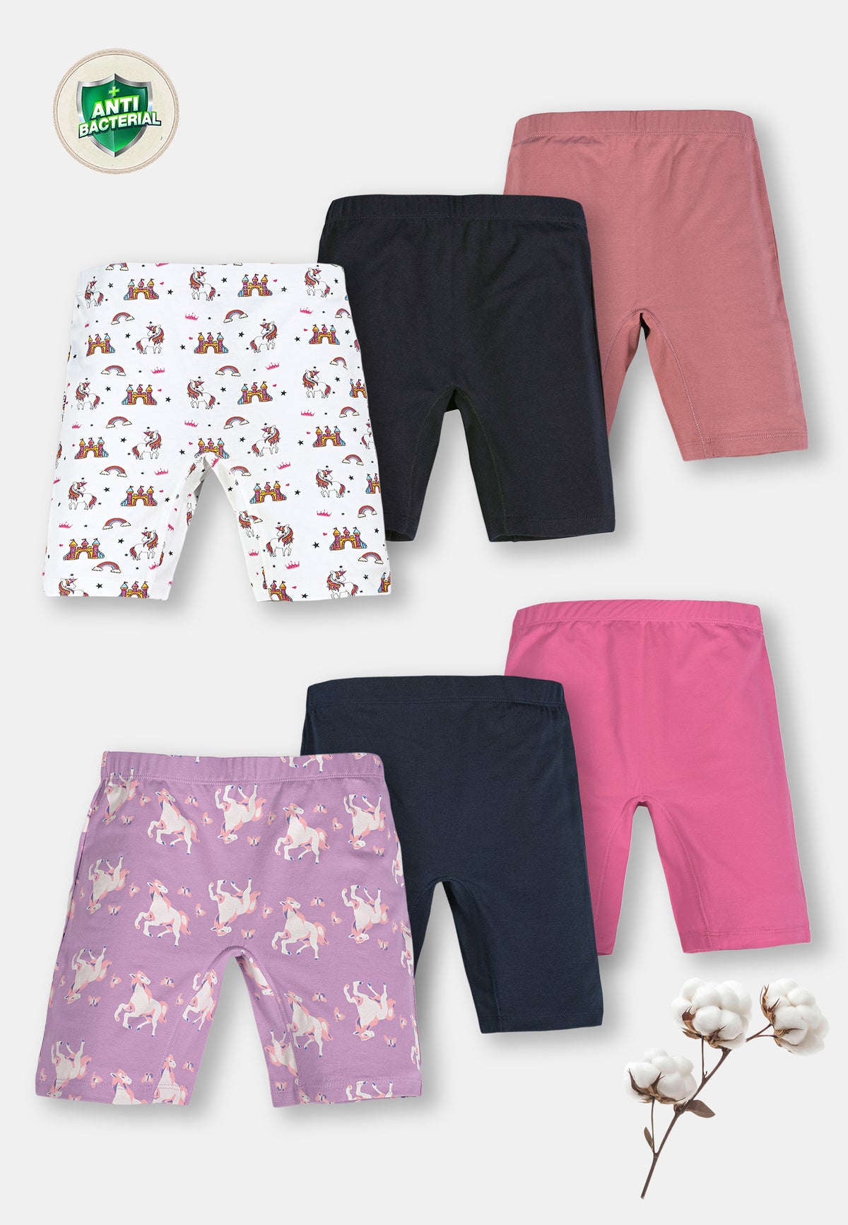 Unicorn Print Girls Cycling Shorts – Pack of 6 (Cotton Lycra)