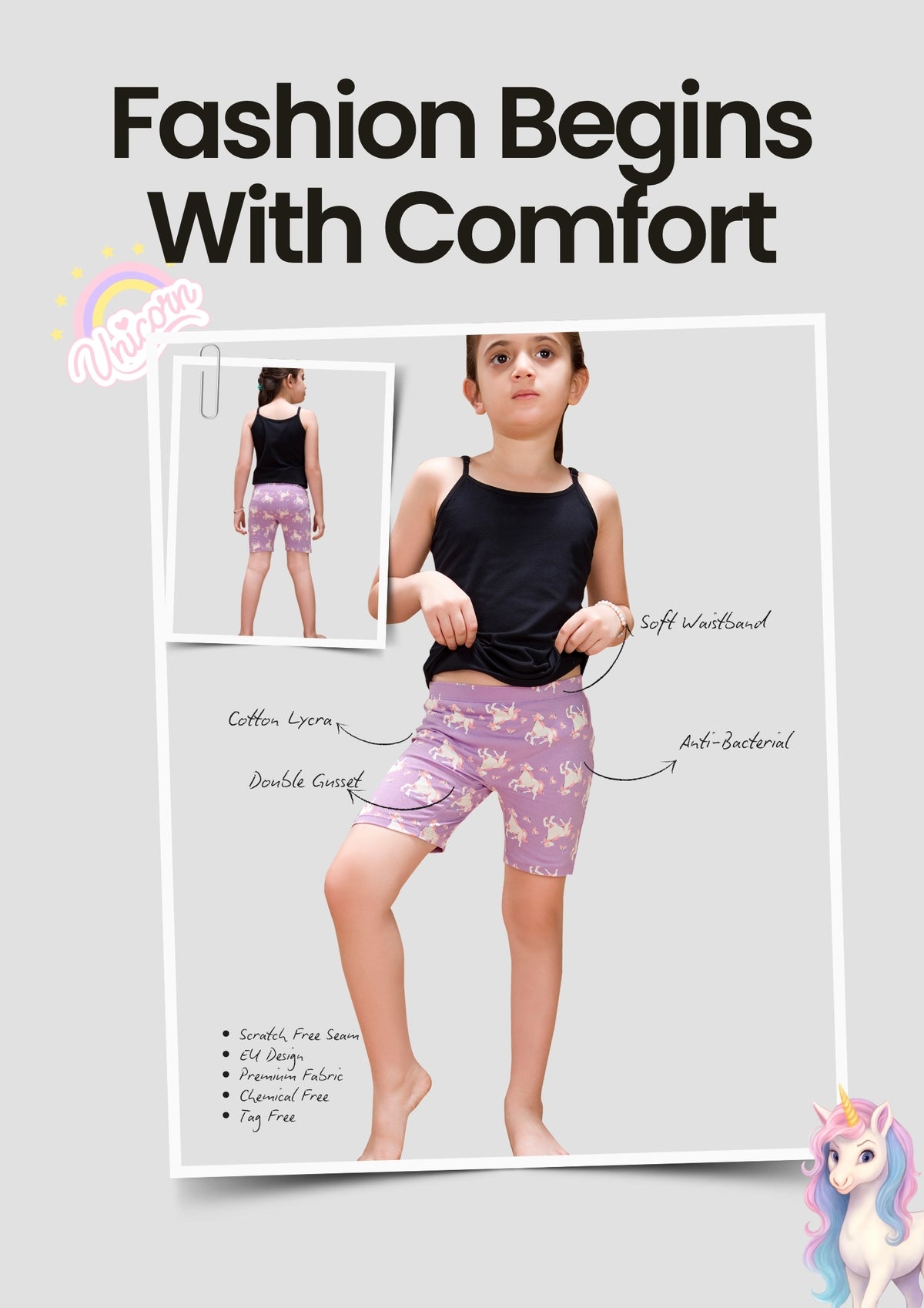 Unicorn Print Girls Cycling Shorts – Pack of 6 (Cotton Lycra)