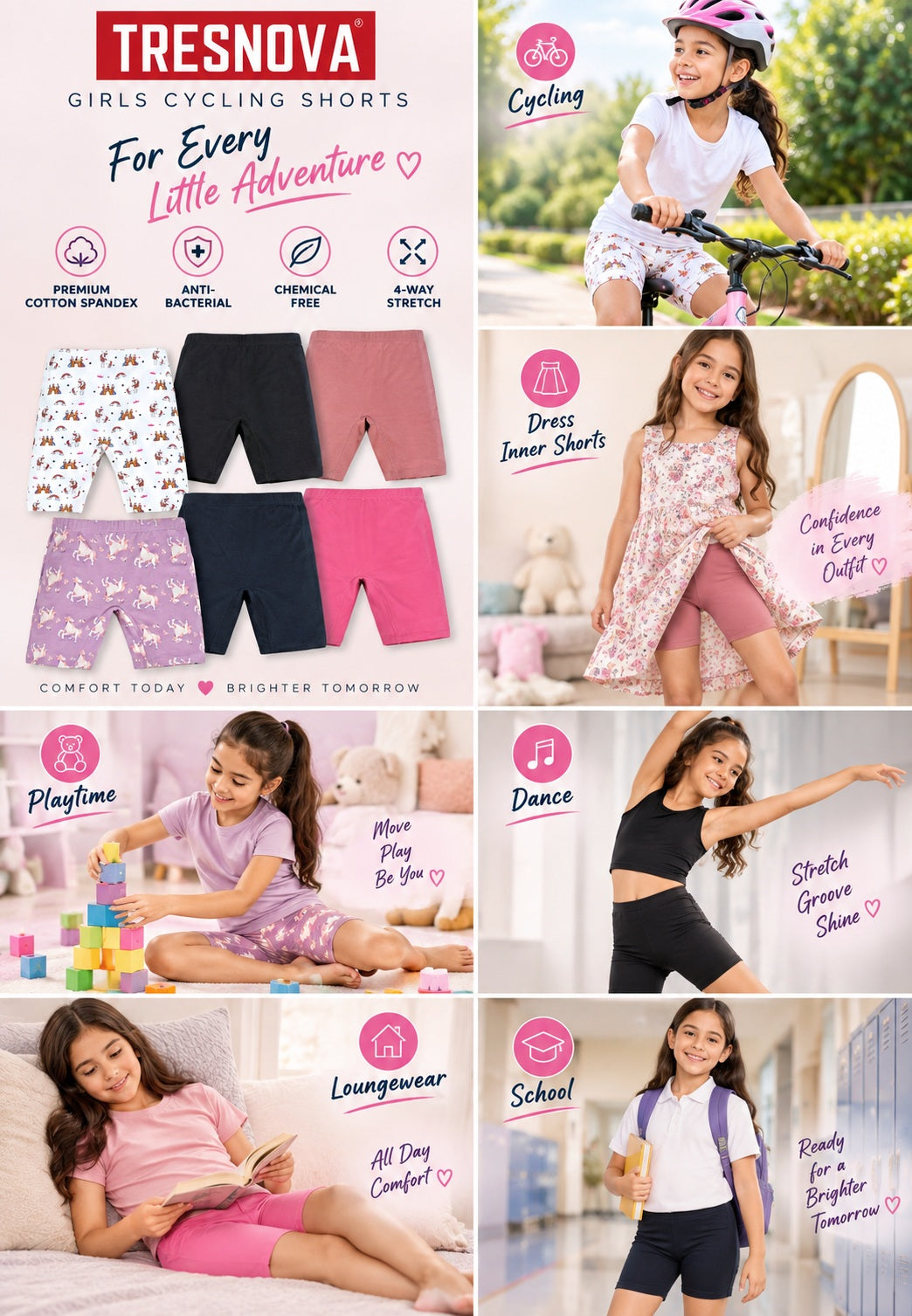 Unicorn Print Girls Cycling Shorts – Pack of 6 (Cotton Lycra)