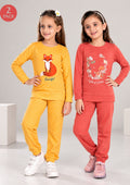 Fox & Floral Print Girls Tee & Jogger Co-ord Set – Pure Cotton, Set of 2 Yellow & Coral