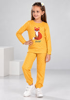 Fox & Floral Print Girls Tee & Jogger Co-ord Set – Pure Cotton, Set of 2 Yellow & Coral