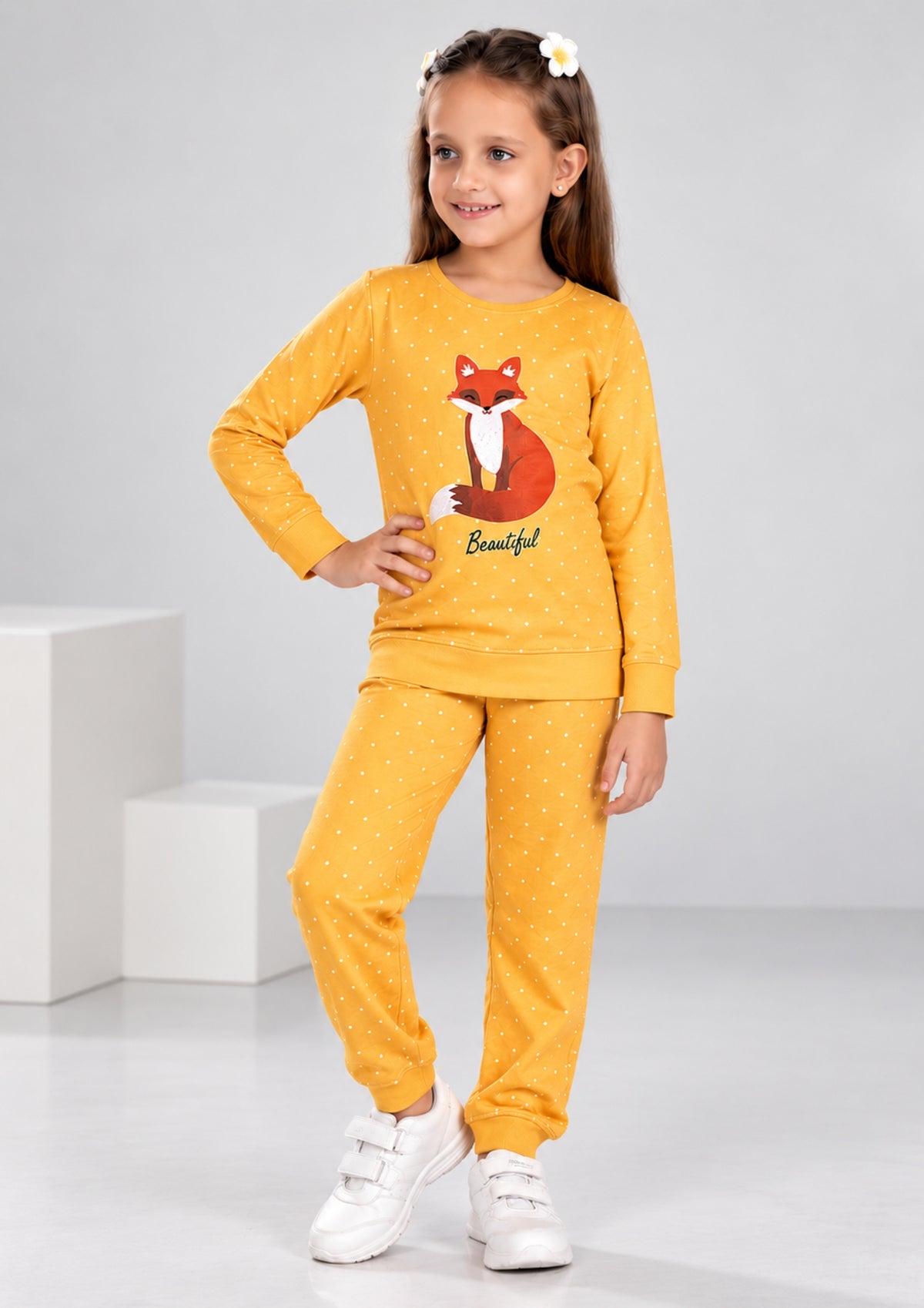 Fox & Floral Print Girls Tee & Jogger Co-ord Set – Pure Cotton, Set of 2 Yellow & Coral