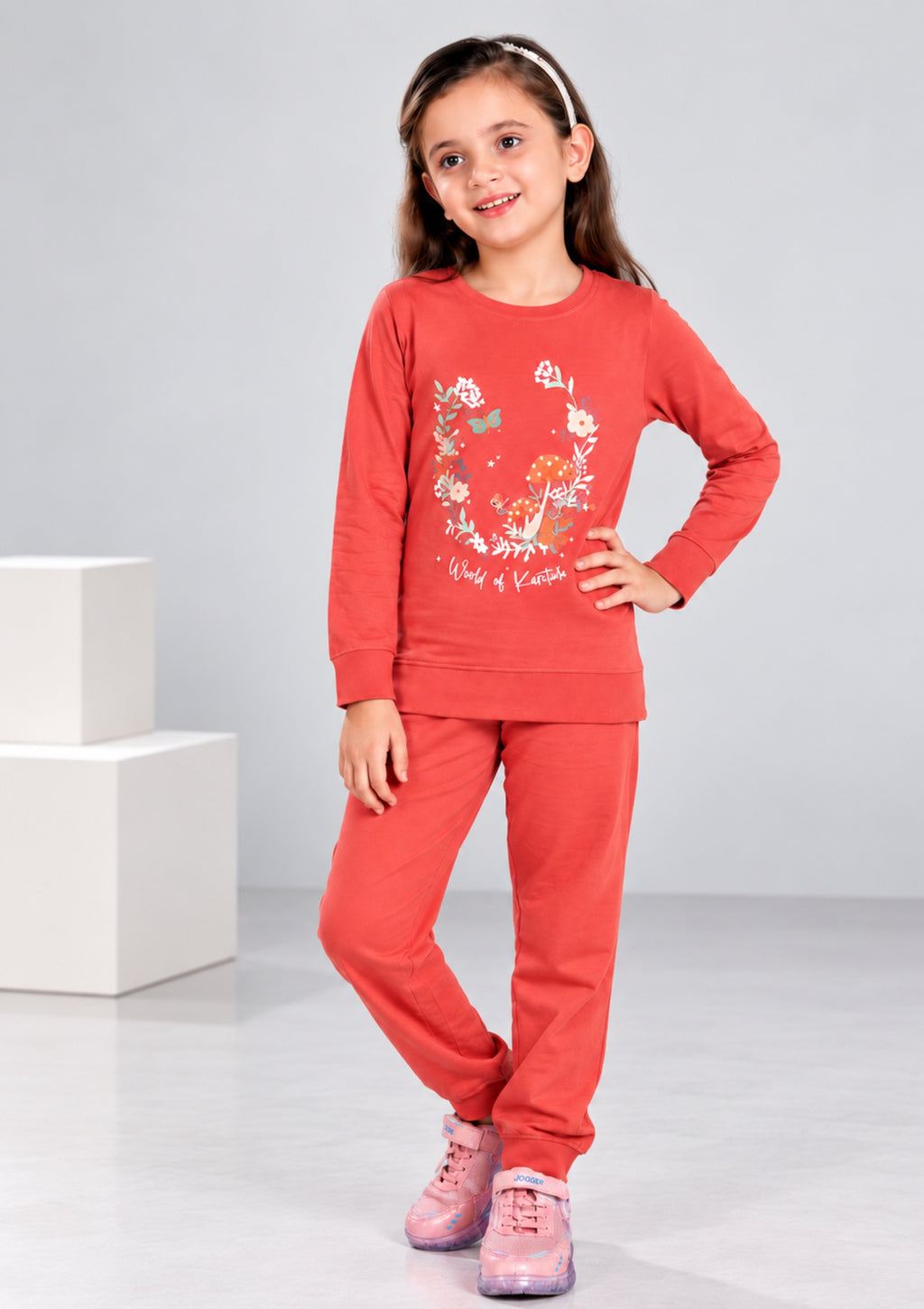 Fox & Floral Print Girls Tee & Jogger Co-ord Set – Pure Cotton, Set of 2 Yellow & Coral