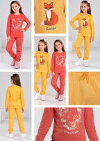 Fox & Floral Print Girls Tee & Jogger Co-ord Set – Pure Cotton, Set of 2 Yellow & Coral