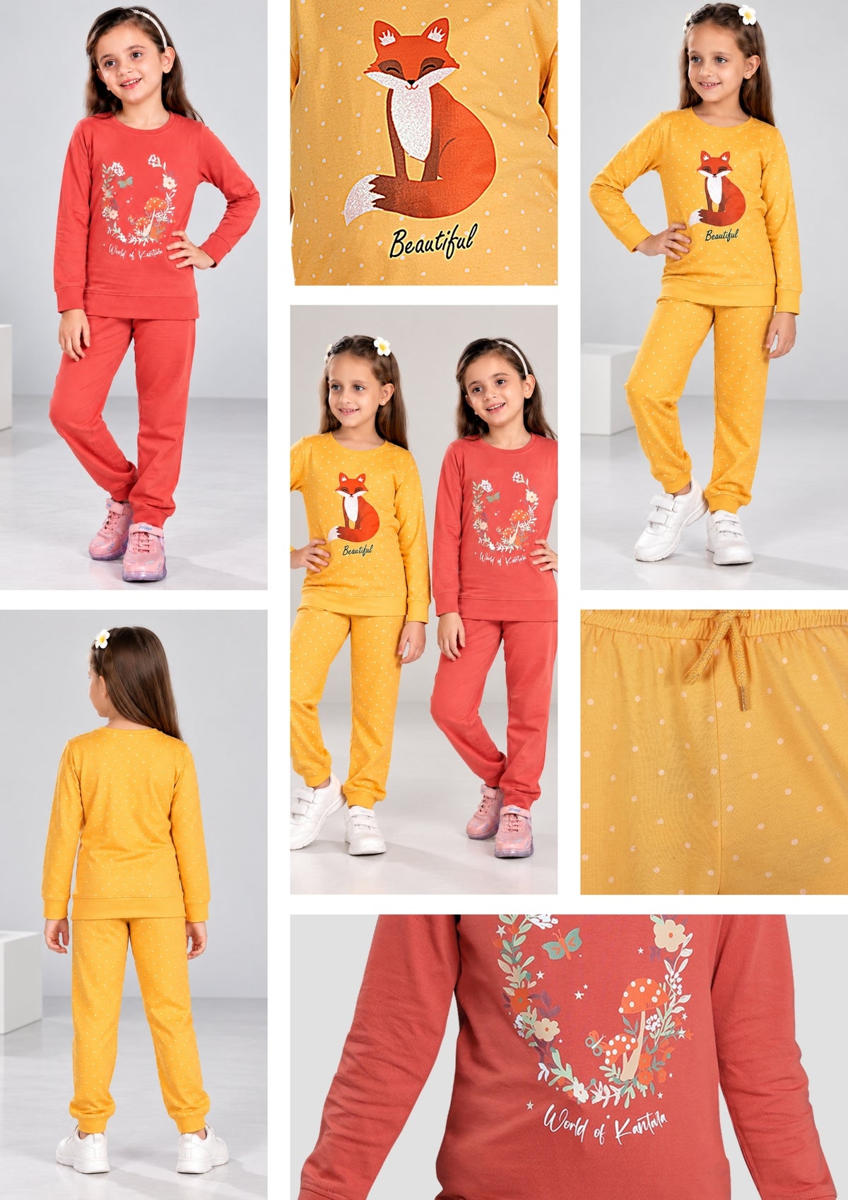 Fox & Floral Print Girls Tee & Jogger Co-ord Set – Pure Cotton, Set of 2 Yellow & Coral