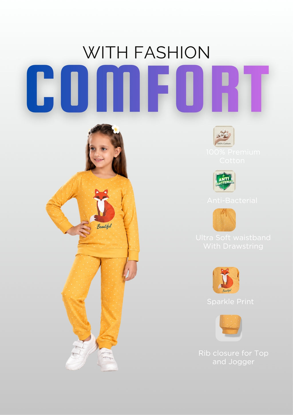Fox & Floral Print Girls Tee & Jogger Co-ord Set – Pure Cotton, Set of 2 Yellow & Coral