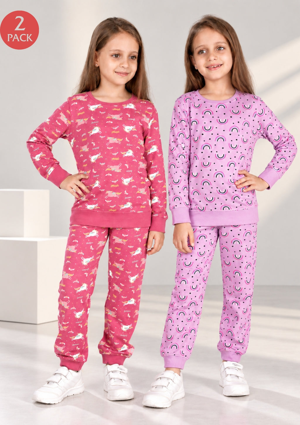 Unicorn & Rainbow Print Girls Tee & Jogger Co-ord Set – Pure Cotton, Set of 2 Rose Pink & Lavender