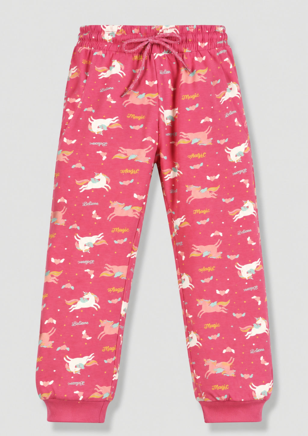 Unicorn & Rainbow Print Girls Tee & Jogger Co-ord Set – Pure Cotton, Set of 2 Rose Pink & Lavender