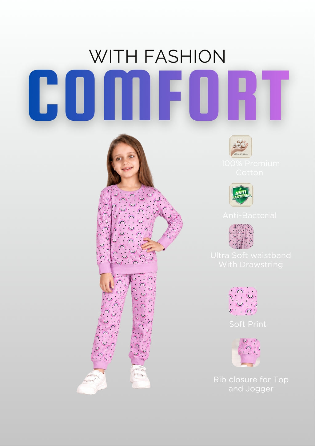 Unicorn & Rainbow Print Girls Tee & Jogger Co-ord Set – Pure Cotton, Set of 2 Rose Pink & Lavender