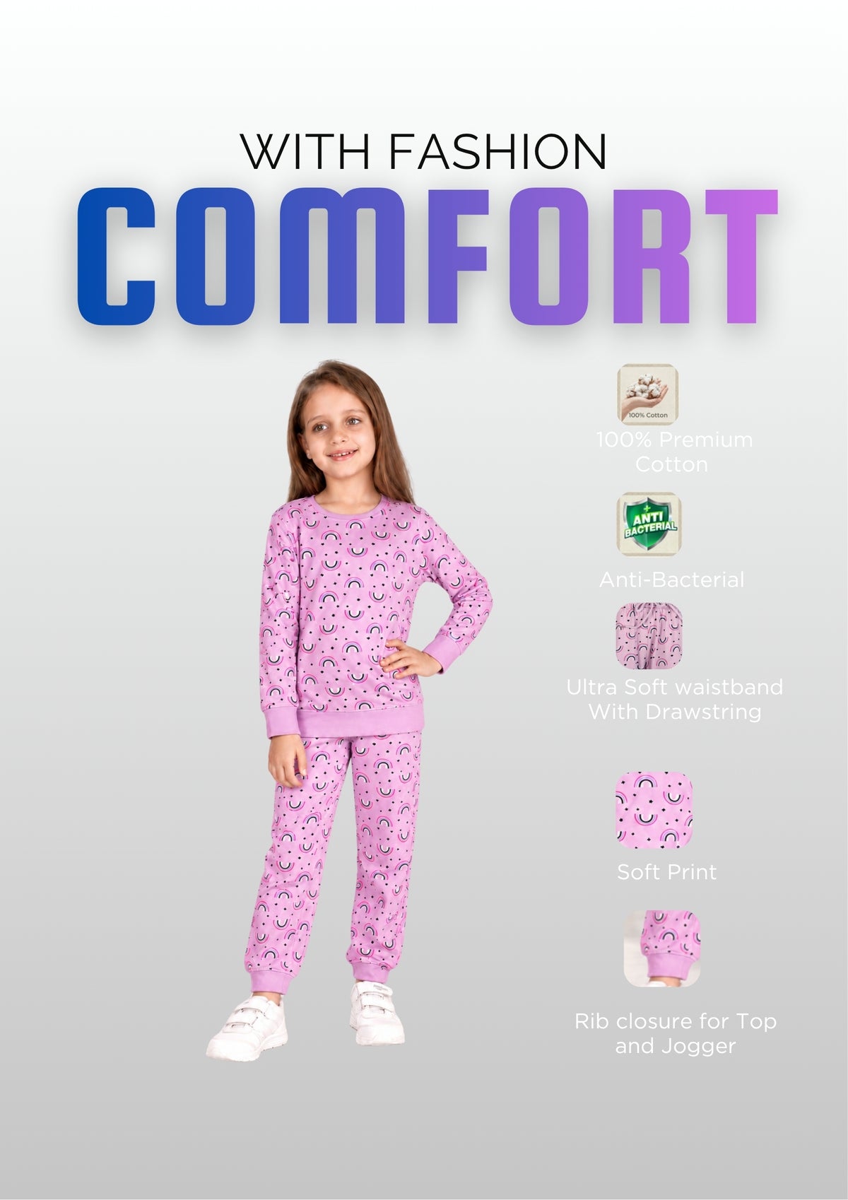 Unicorn & Rainbow Print Girls Tee & Jogger Co-ord Set – Pure Cotton, Set of 2 Rose Pink & Lavender