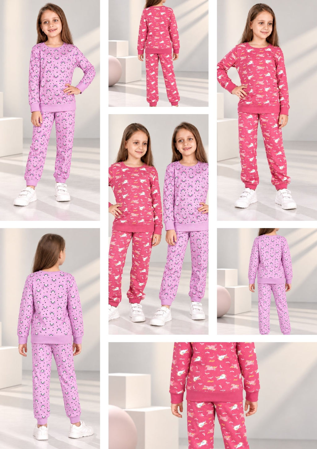 Unicorn & Rainbow Print Girls Tee & Jogger Co-ord Set – Pure Cotton, Set of 2 Rose Pink & Lavender