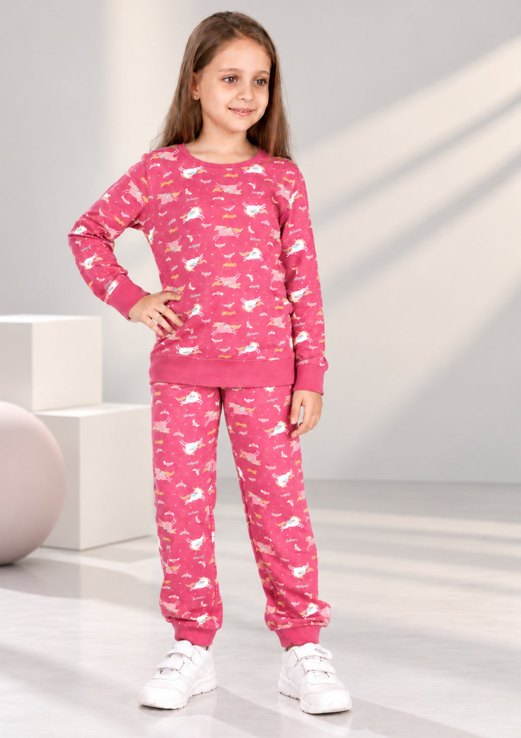 Unicorn & Rainbow Print Girls Tee & Jogger Co-ord Set – Pure Cotton, Set of 2 Rose Pink & Lavender