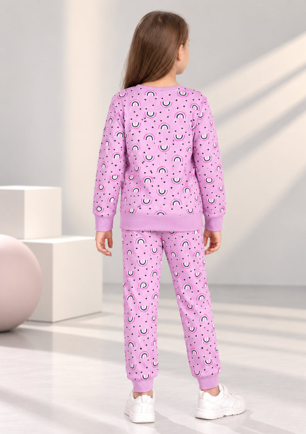 Unicorn & Rainbow Print Girls Tee & Jogger Co-ord Set – Pure Cotton, Set of 2 Rose Pink & Lavender