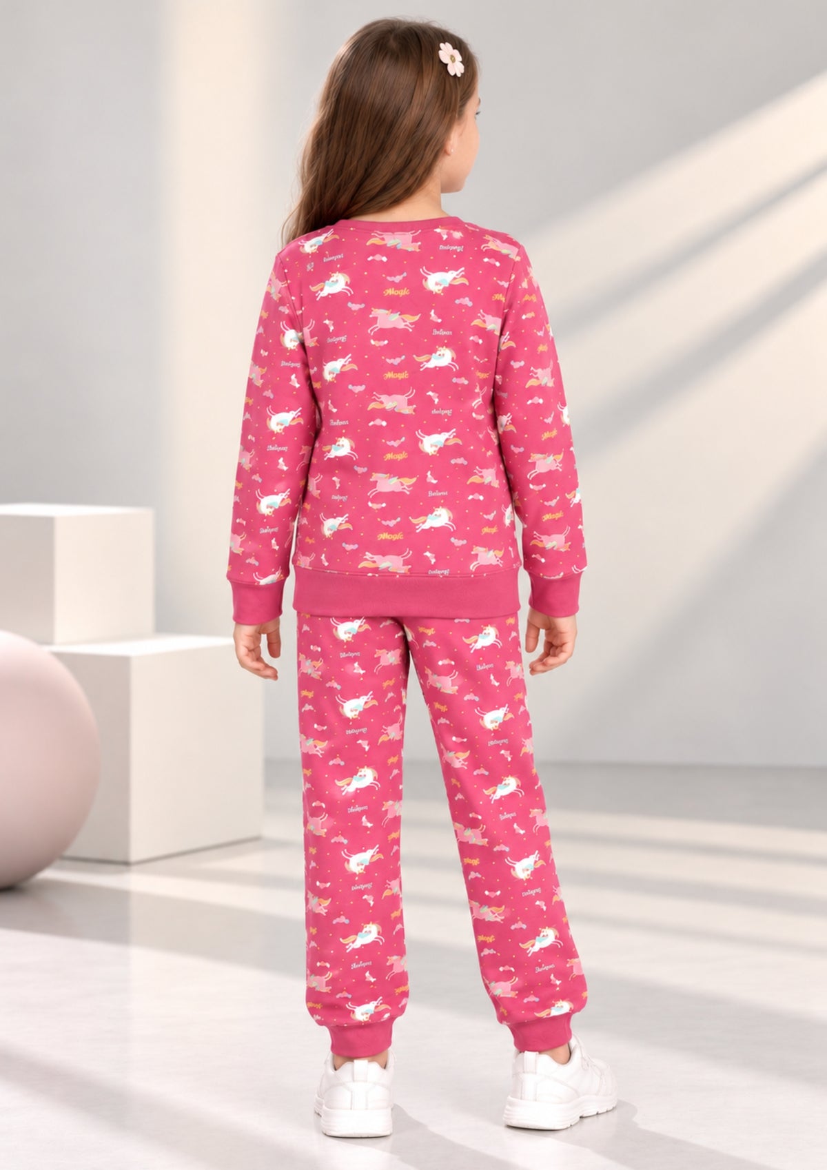 Unicorn & Rainbow Print Girls Tee & Jogger Co-ord Set – Pure Cotton, Set of 2 Rose Pink & Lavender