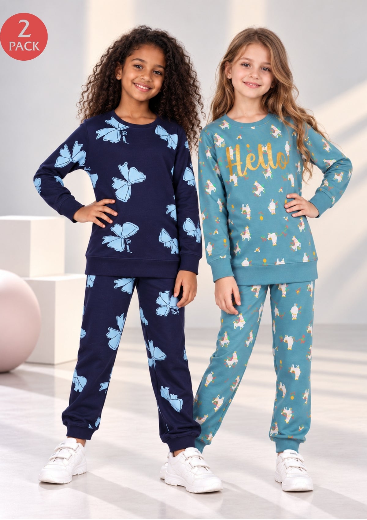 Lama & Bow Print Girls Tee & Jogger Co-ord Set – Pure Cotton, Set of 2 Navy & Teal Blue