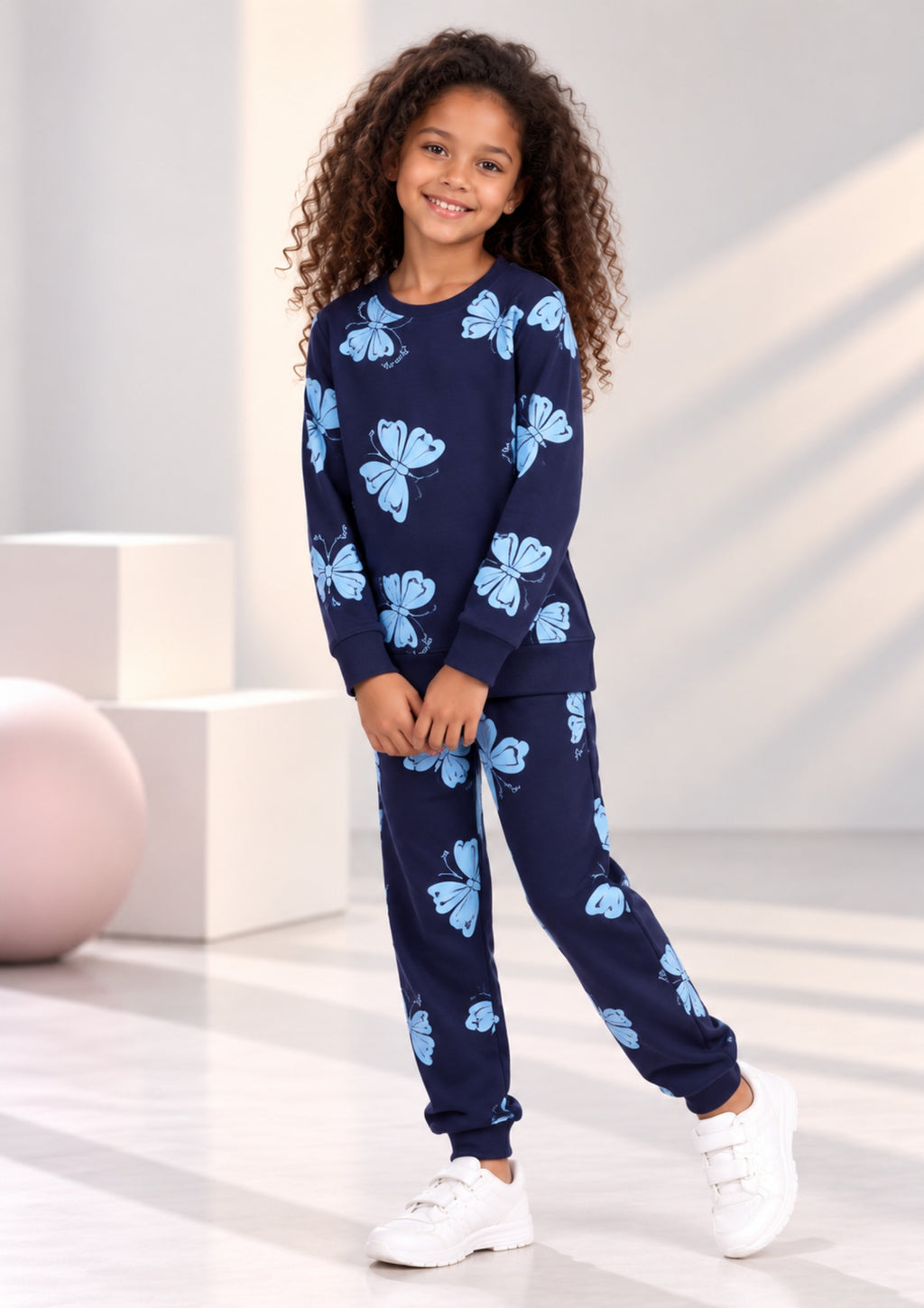 Lama & Bow Print Girls Tee & Jogger Co-ord Set – Pure Cotton, Set of 2 Navy & Teal Blue