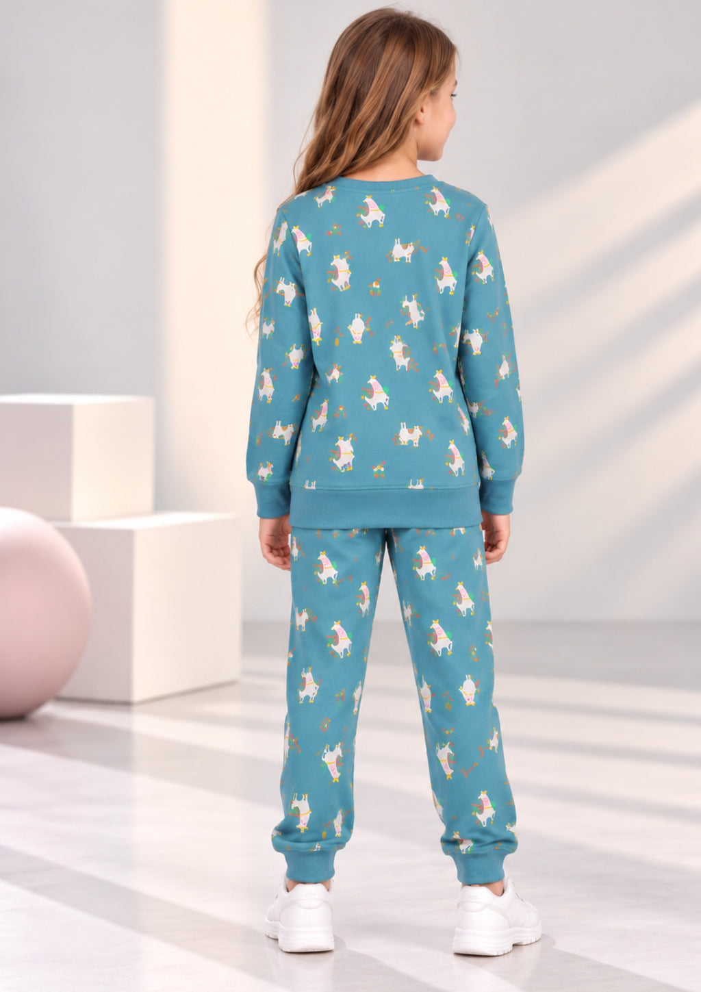 Lama & Bow Print Girls Tee & Jogger Co-ord Set – Pure Cotton, Set of 2 Navy & Teal Blue