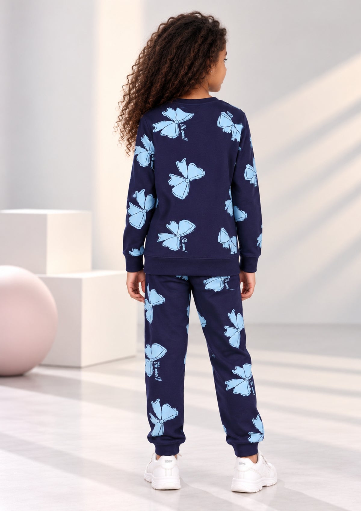 Lama & Bow Print Girls Tee & Jogger Co-ord Set – Pure Cotton, Set of 2 Navy & Teal Blue