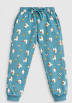 Lama & Bow Print Girls Tee & Jogger Co-ord Set – Pure Cotton, Set of 2 Navy & Teal Blue