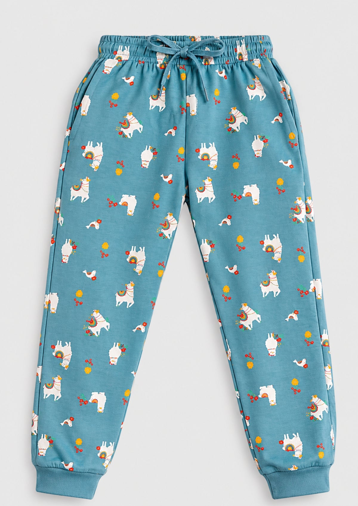 Lama & Bow Print Girls Tee & Jogger Co-ord Set – Pure Cotton, Set of 2 Navy & Teal Blue