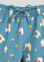Lama & Bow Print Girls Tee & Jogger Co-ord Set – Pure Cotton, Set of 2 Navy & Teal Blue