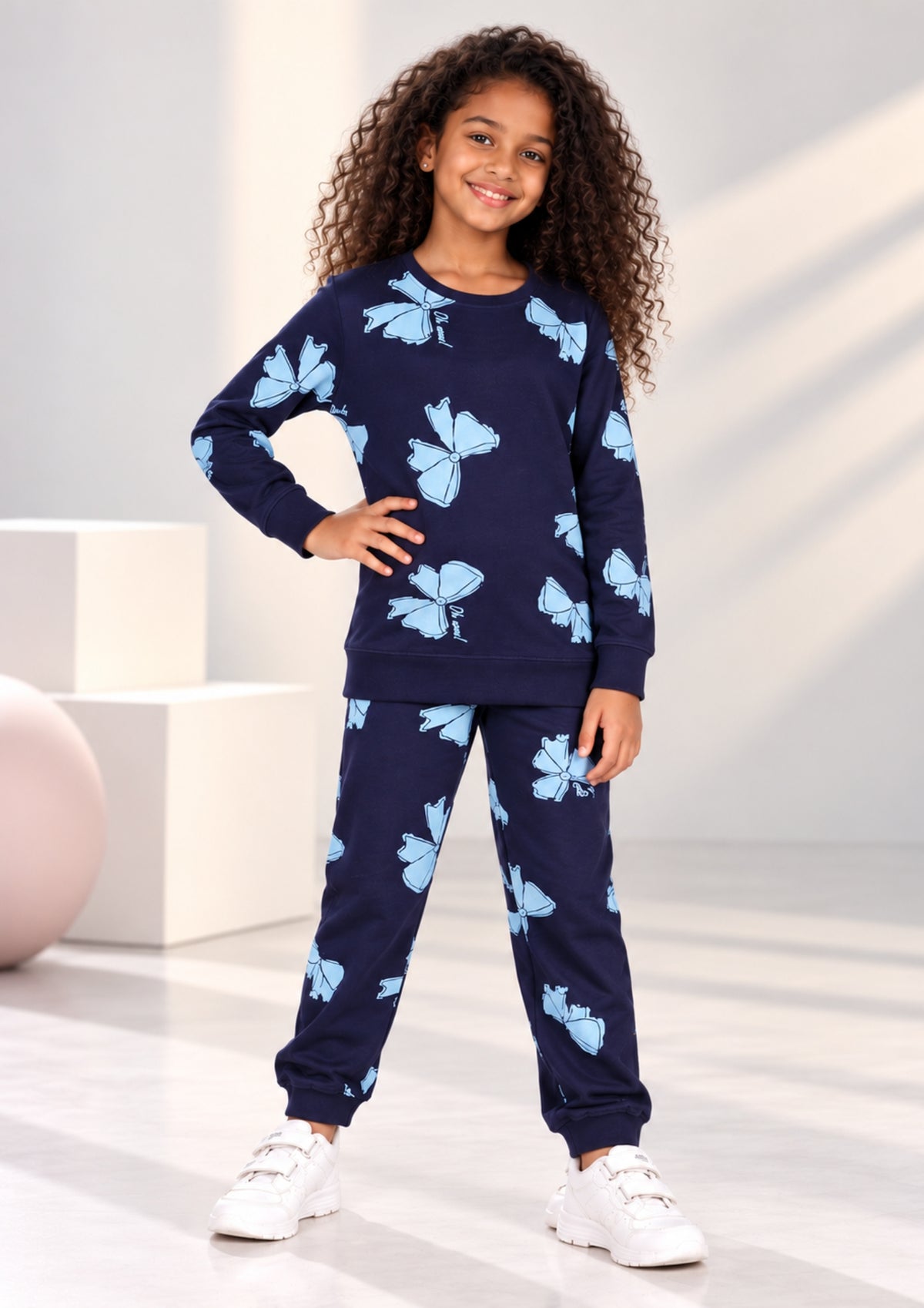 Lama & Bow Print Girls Tee & Jogger Co-ord Set – Pure Cotton, Set of 2 Navy & Teal Blue