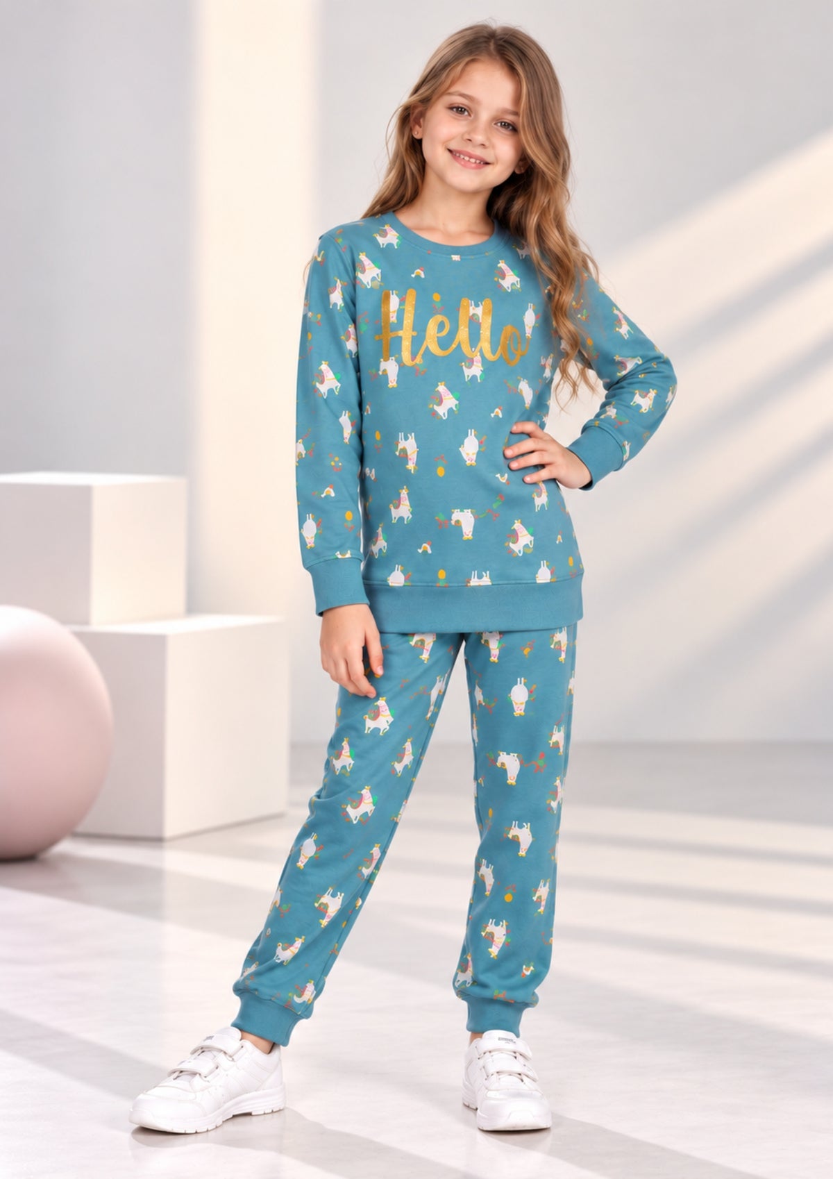 Lama & Bow Print Girls Tee & Jogger Co-ord Set – Pure Cotton, Set of 2 Navy & Teal Blue
