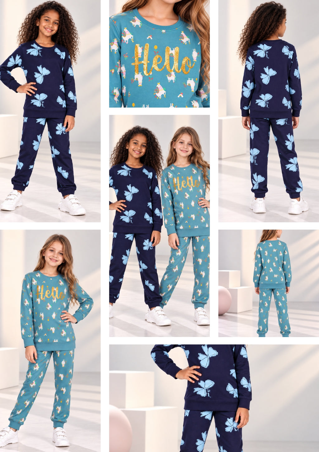 Lama & Bow Print Girls Tee & Jogger Co-ord Set – Pure Cotton, Set of 2 Navy & Teal Blue