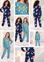 Lama & Bow Print Girls Tee & Jogger Co-ord Set – Pure Cotton, Set of 2 Navy & Teal Blue