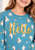 Lama & Bow Print Girls Tee & Jogger Co-ord Set – Pure Cotton, Set of 2 Navy & Teal Blue