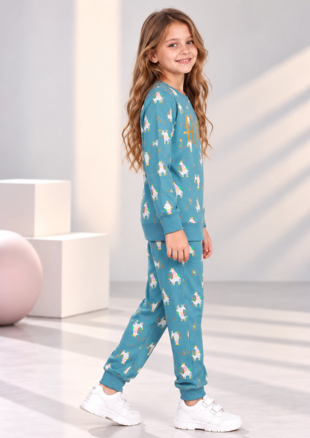 Lama & Bow Print Girls Tee & Jogger Co-ord Set – Pure Cotton, Set of 2 Navy & Teal Blue