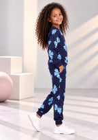 Lama & Bow Print Girls Tee & Jogger Co-ord Set – Pure Cotton, Set of 2 Navy & Teal Blue