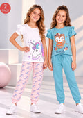 Unicorn & Bird Print Girls Tee & Jogger Co-ord Set – Pure Cotton, Set of 2 White &Teal Blue