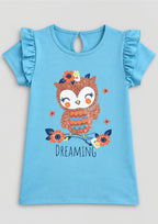 Unicorn & Bird Print Girls Tee & Jogger Co-ord Set – Pure Cotton, Set of 2 White &Teal Blue