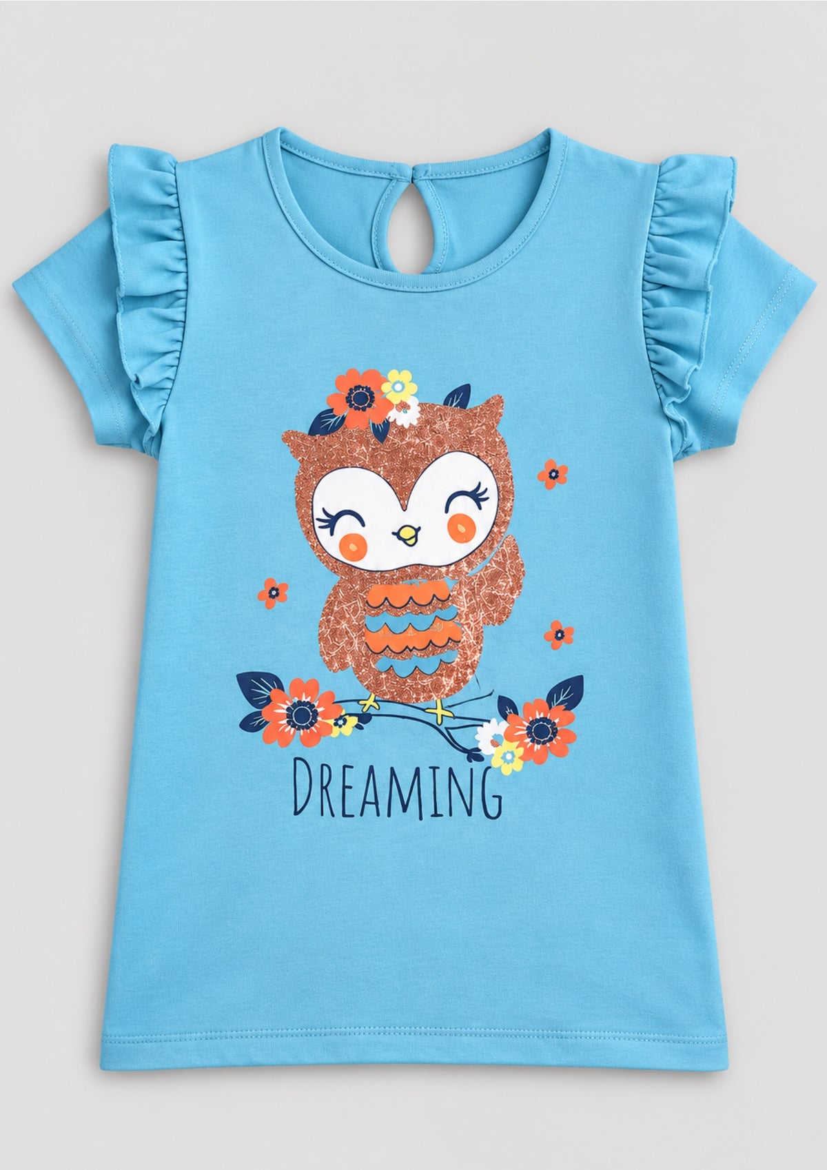 Unicorn & Bird Print Girls Tee & Jogger Co-ord Set – Pure Cotton, Set of 2 White &Teal Blue