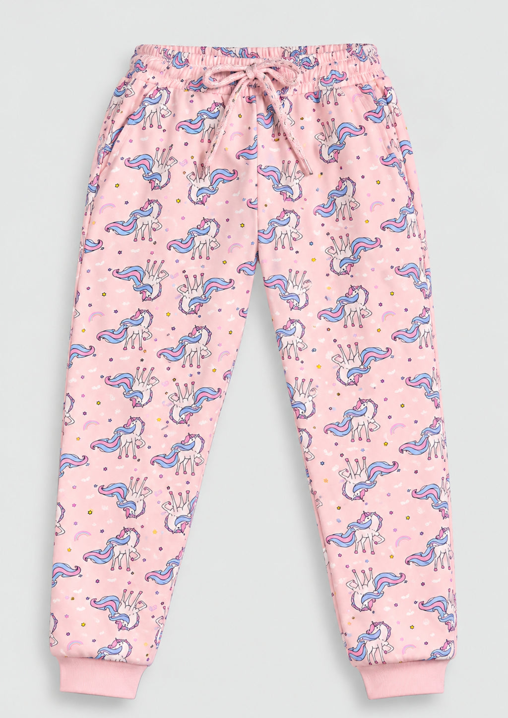 Unicorn & Bird Print Girls Tee & Jogger Co-ord Set – Pure Cotton, Set of 2 White &Teal Blue