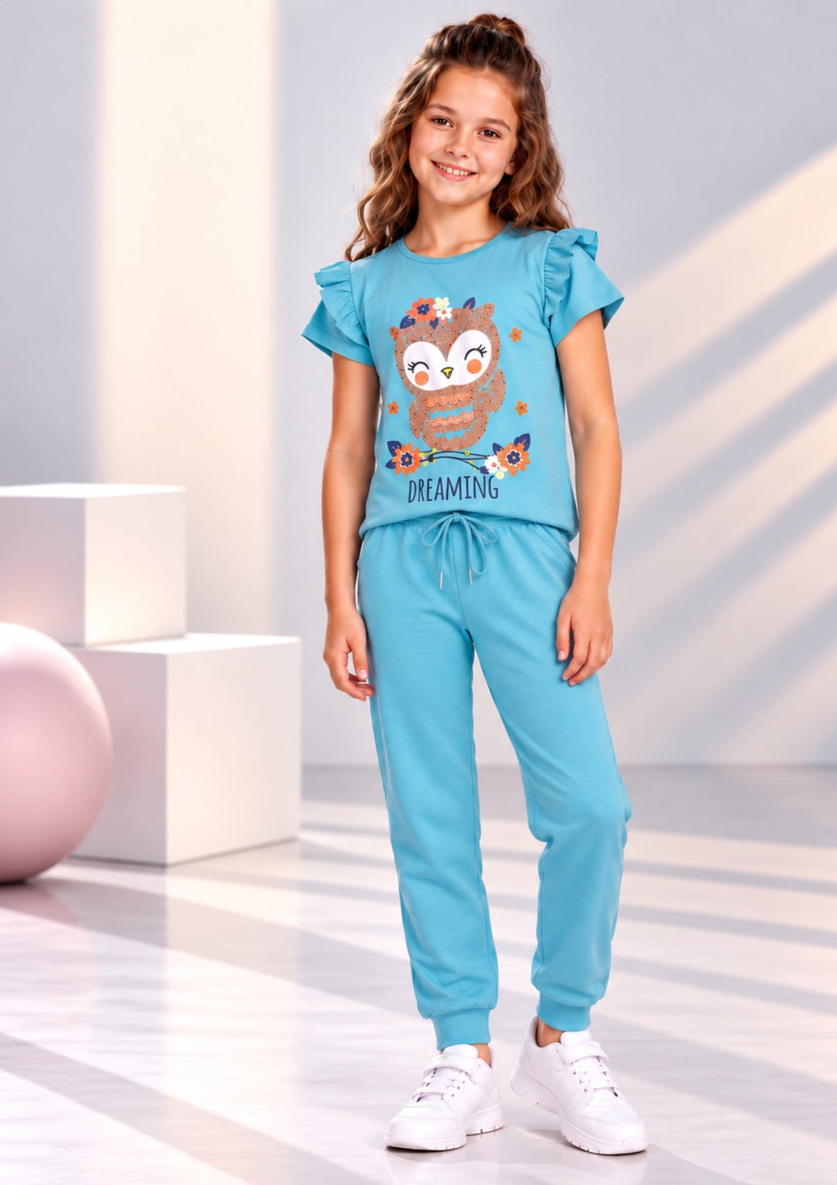 Unicorn & Bird Print Girls Tee & Jogger Co-ord Set – Pure Cotton, Set of 2 White &Teal Blue