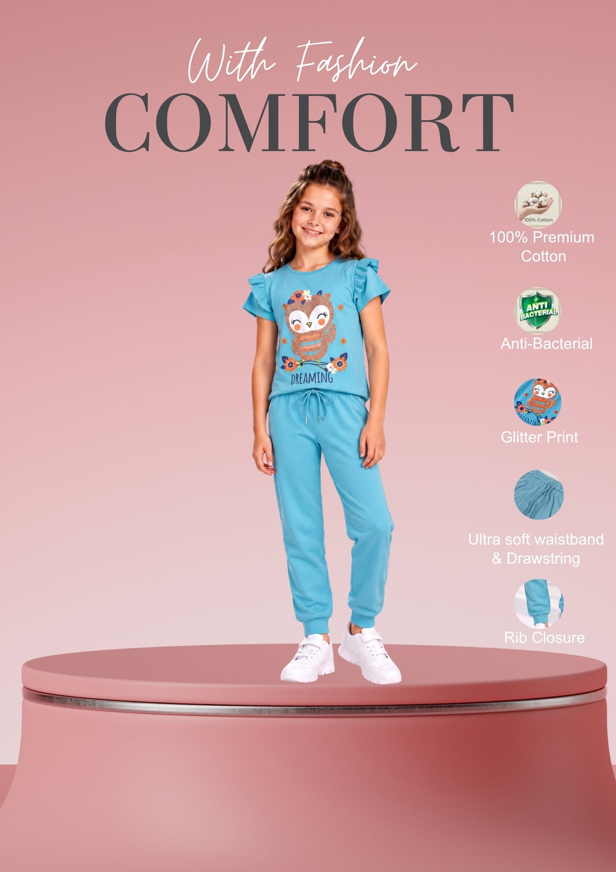 Unicorn & Bird Print Girls Tee & Jogger Co-ord Set – Pure Cotton, Set of 2 White &Teal Blue