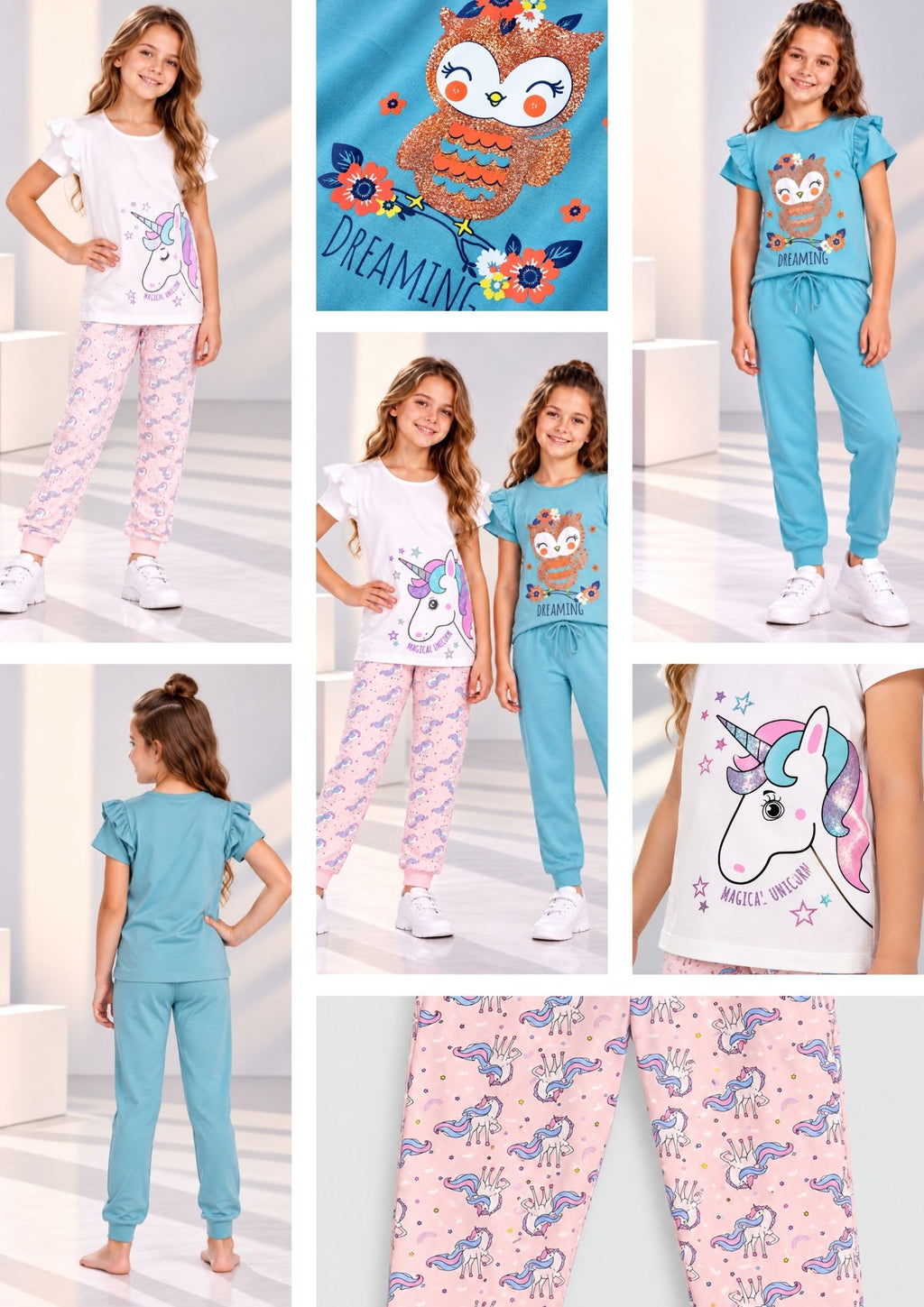 Unicorn & Bird Print Girls Tee & Jogger Co-ord Set – Pure Cotton, Set of 2 White &Teal Blue