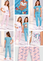 Unicorn & Bird Print Girls Tee & Jogger Co-ord Set – Pure Cotton, Set of 2 White &Teal Blue